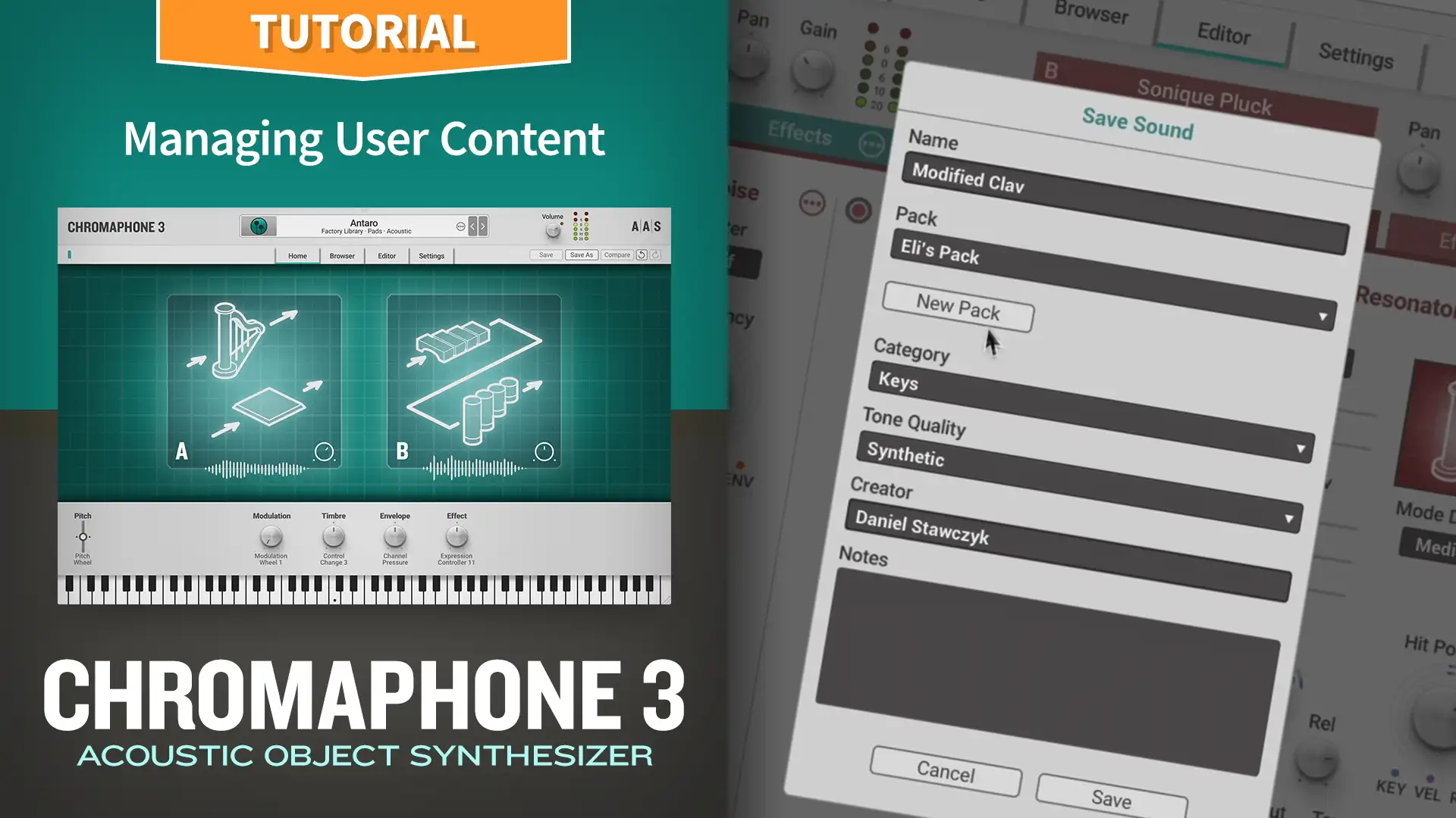 Managing user content with the Chromaphone 3 acoustic object synthesizer plug-in