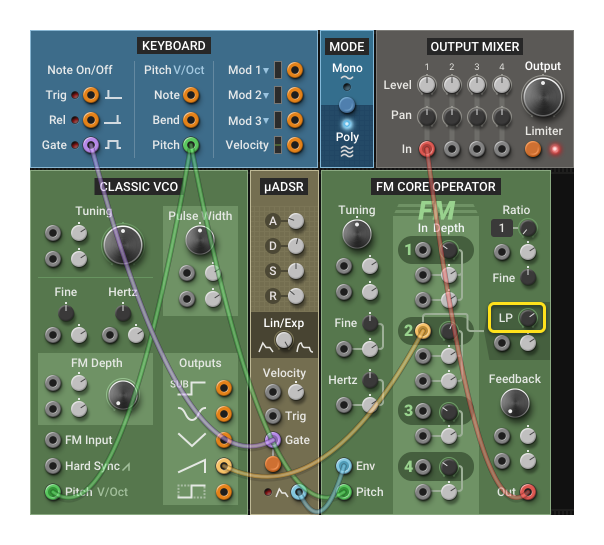 Minimal hybrid analog/digital FM synth using the highlighted low-pass (LP) parameter.