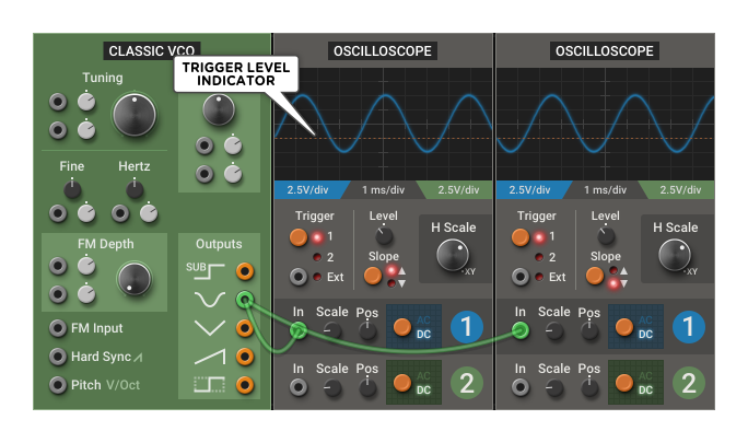 Sine wave synchronized at -2.5V, with up (left) and down (right) triggers