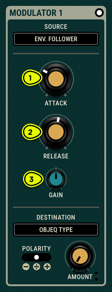 Modulator 1 with Env. Follower selected as the source of modulation