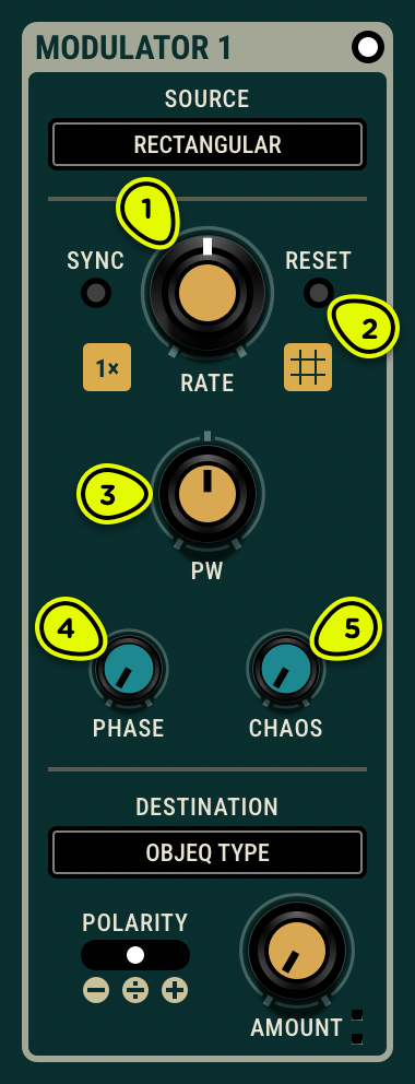 Modulator 1 with Rectangular LFO selected as the source of modulation