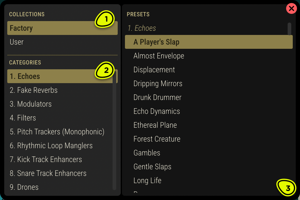 Objeq Delay 2's preset browser